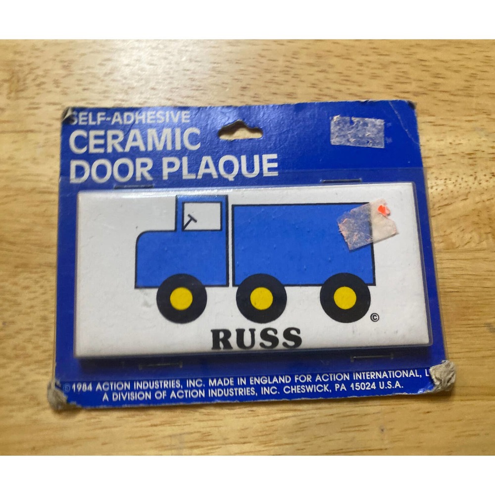 Vintage Retro Russ Blue Truck New Dead Stock Ceramic Door Name Plaque Wall Sign
